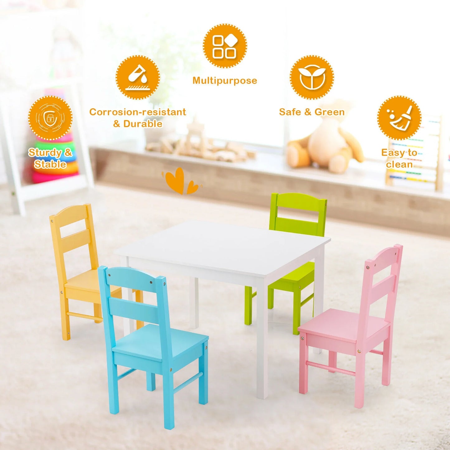 Costway 5-Piece Kids Wooden Table & Chair Set
