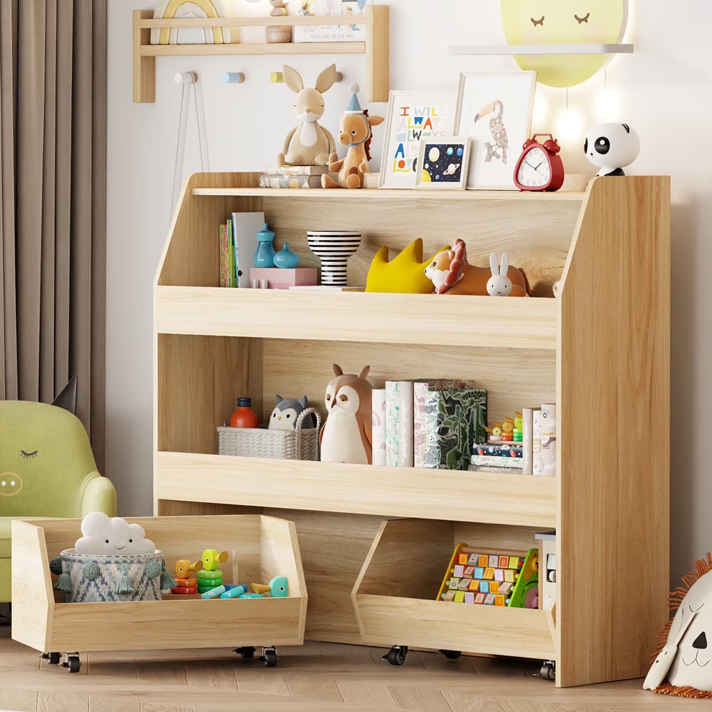 3-Tier Portable Wooden Toy Storage with Wheels