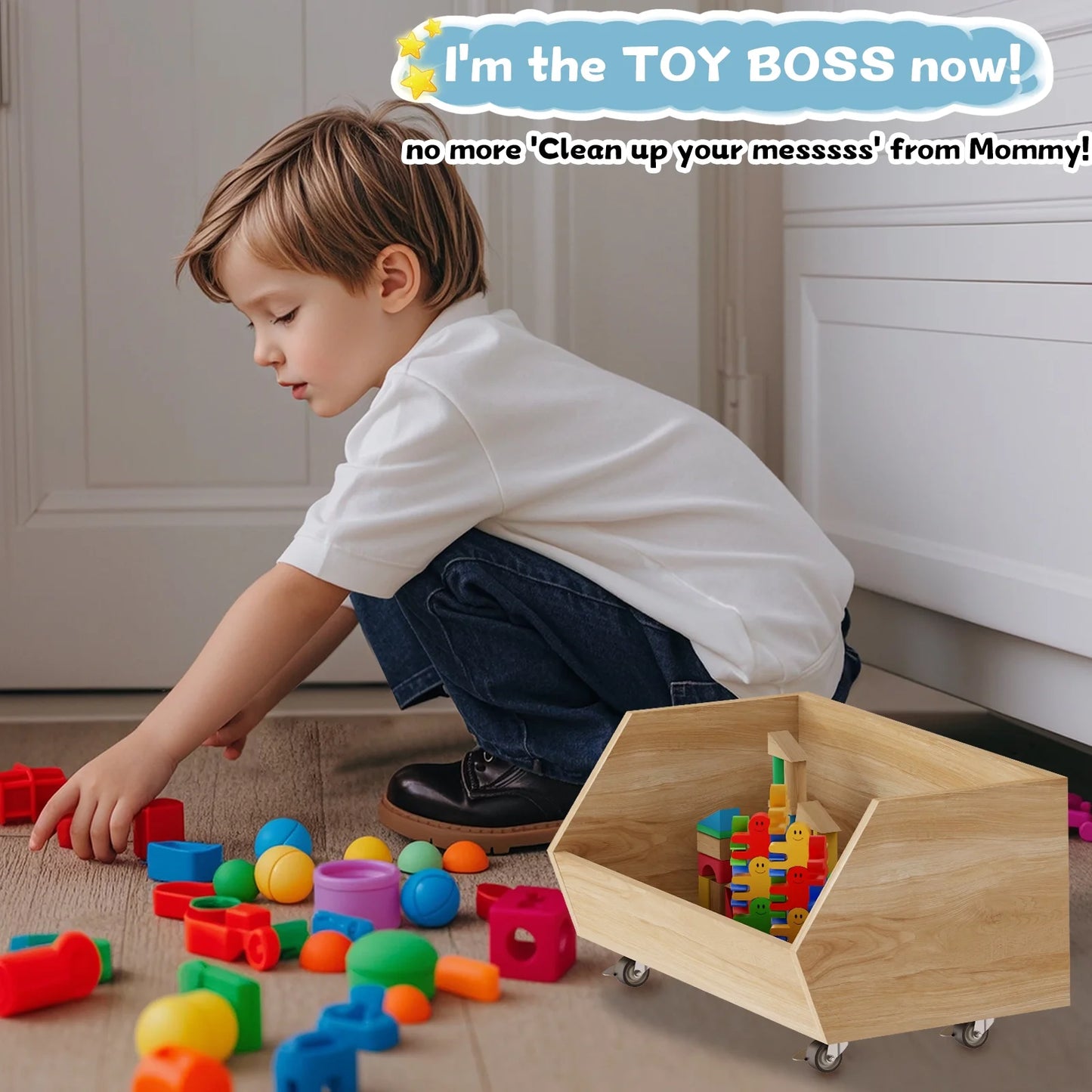 3-Tier Portable Wooden Toy Storage with Wheels