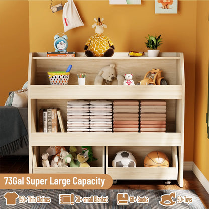 3-Tier Portable Wooden Toy Storage with Wheels