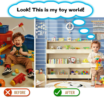 3-Tier Portable Wooden Toy Storage with Wheels