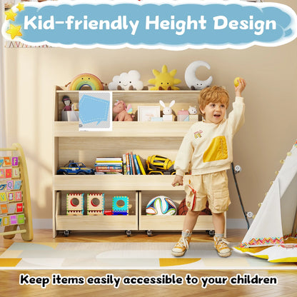 3-Tier Portable Wooden Toy Storage with Wheels