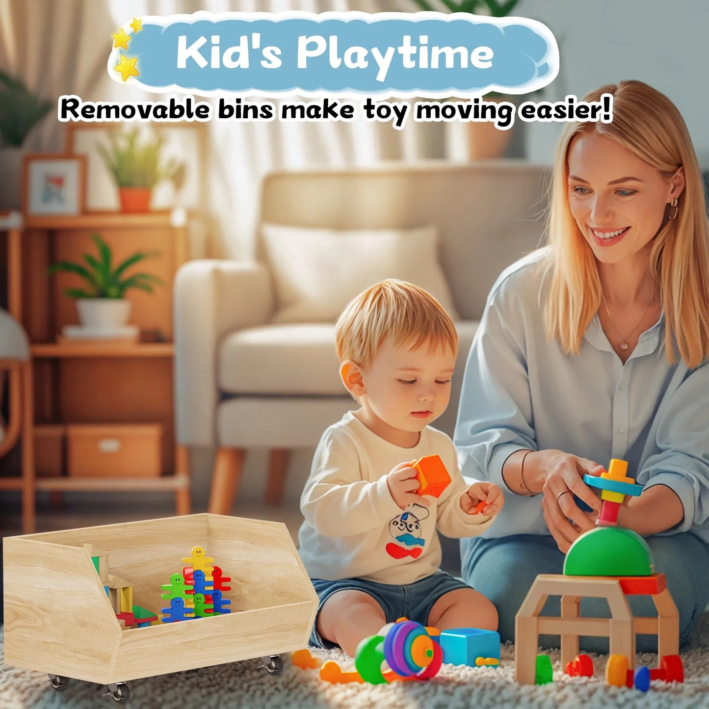 3-Tier Portable Wooden Toy Storage with Wheels