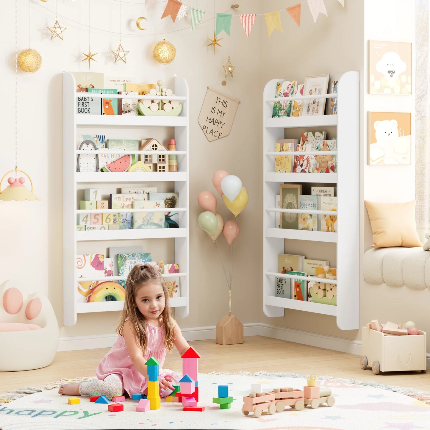 Homfa 4-Tier Wall-Mounted Kids Bookshelf (Set of 2)